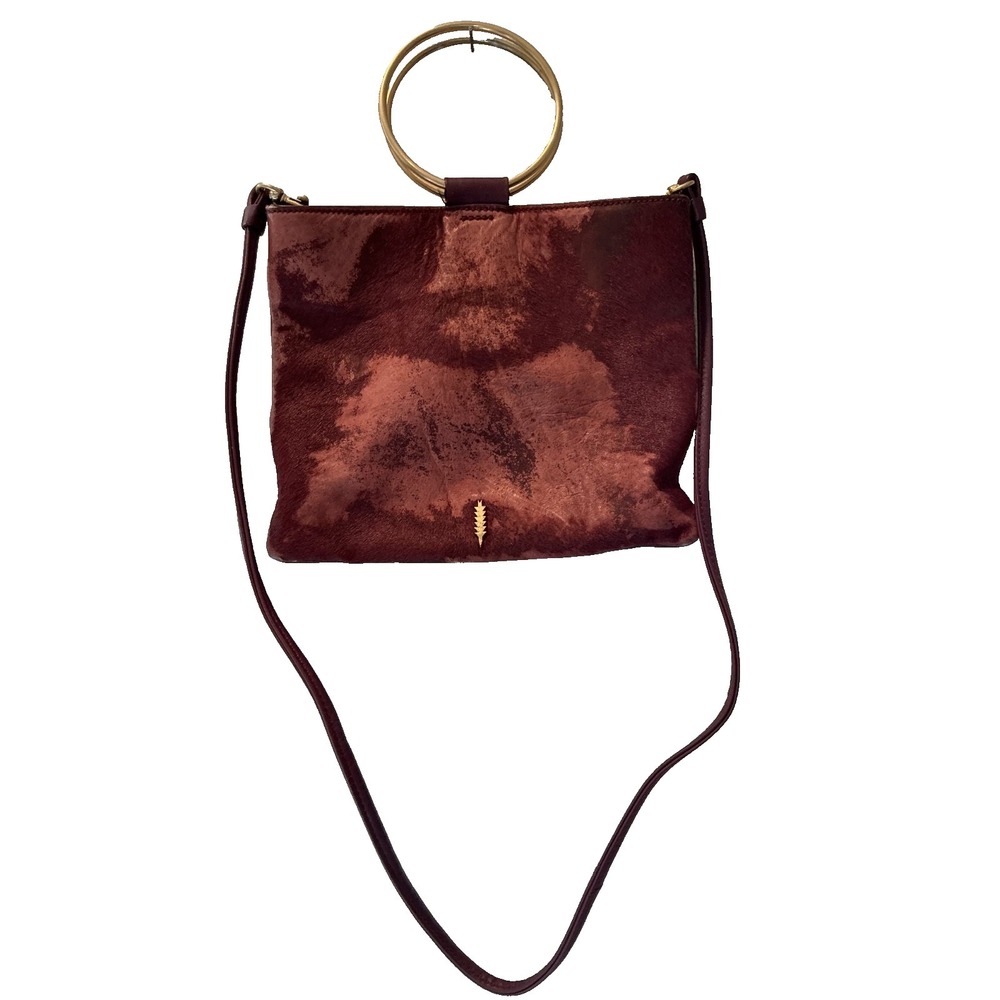 Thacker Le Pouch Leather Bag Gold Hammered Ring Handle Leather Crossbody Red Fur